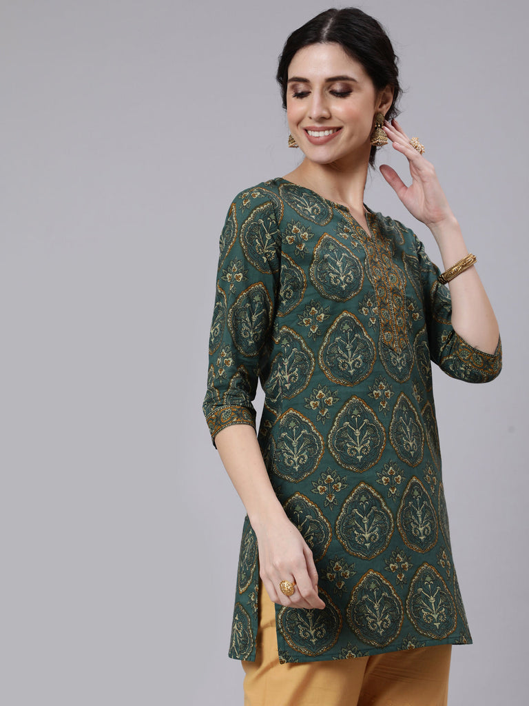 Women's Green Ethnic Printed Tunic With Three Quarter Sleevs