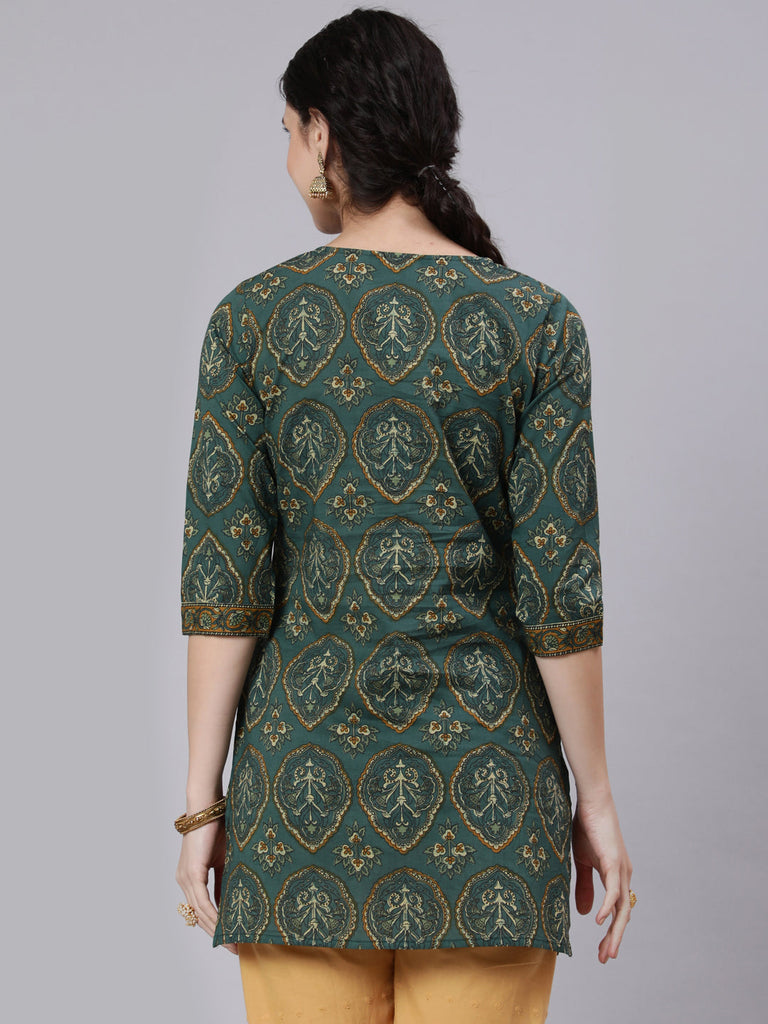 Women's Green Ethnic Printed Tunic With Three Quarter Sleevs