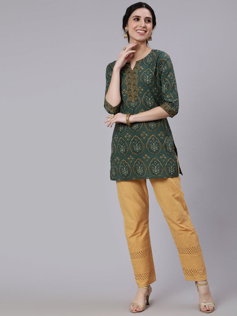 Women's Green Ethnic Printed Tunic With Three Quarter Sleevs