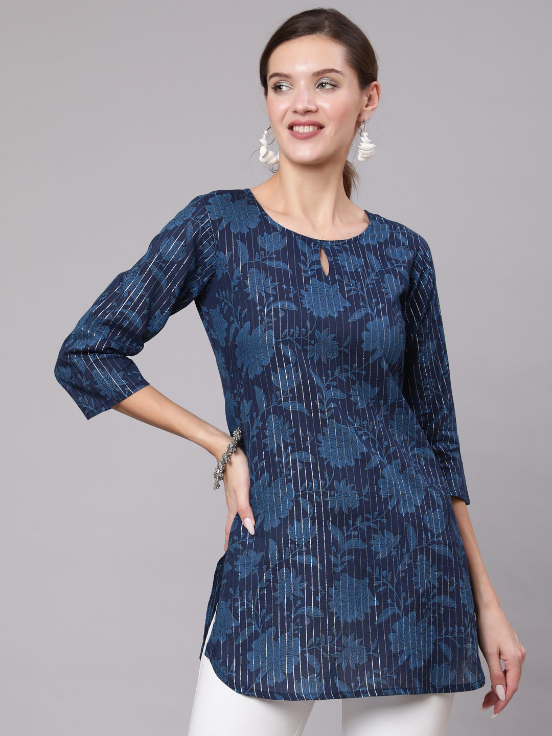 Women's Navy Blue Floral Printed Straight Tunic - Nayo Clothing