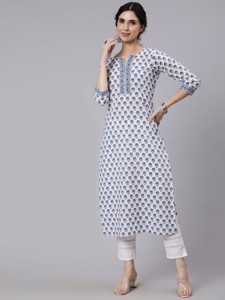 Women's Off-White Printed Straight Kurta With Three Quarter Sleeves