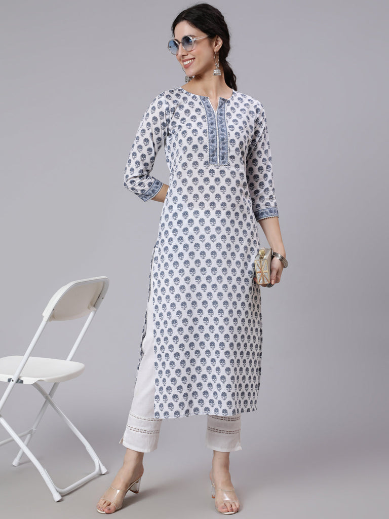 Women's Off-White Printed Straight Kurta With Three Quarter Sleeves