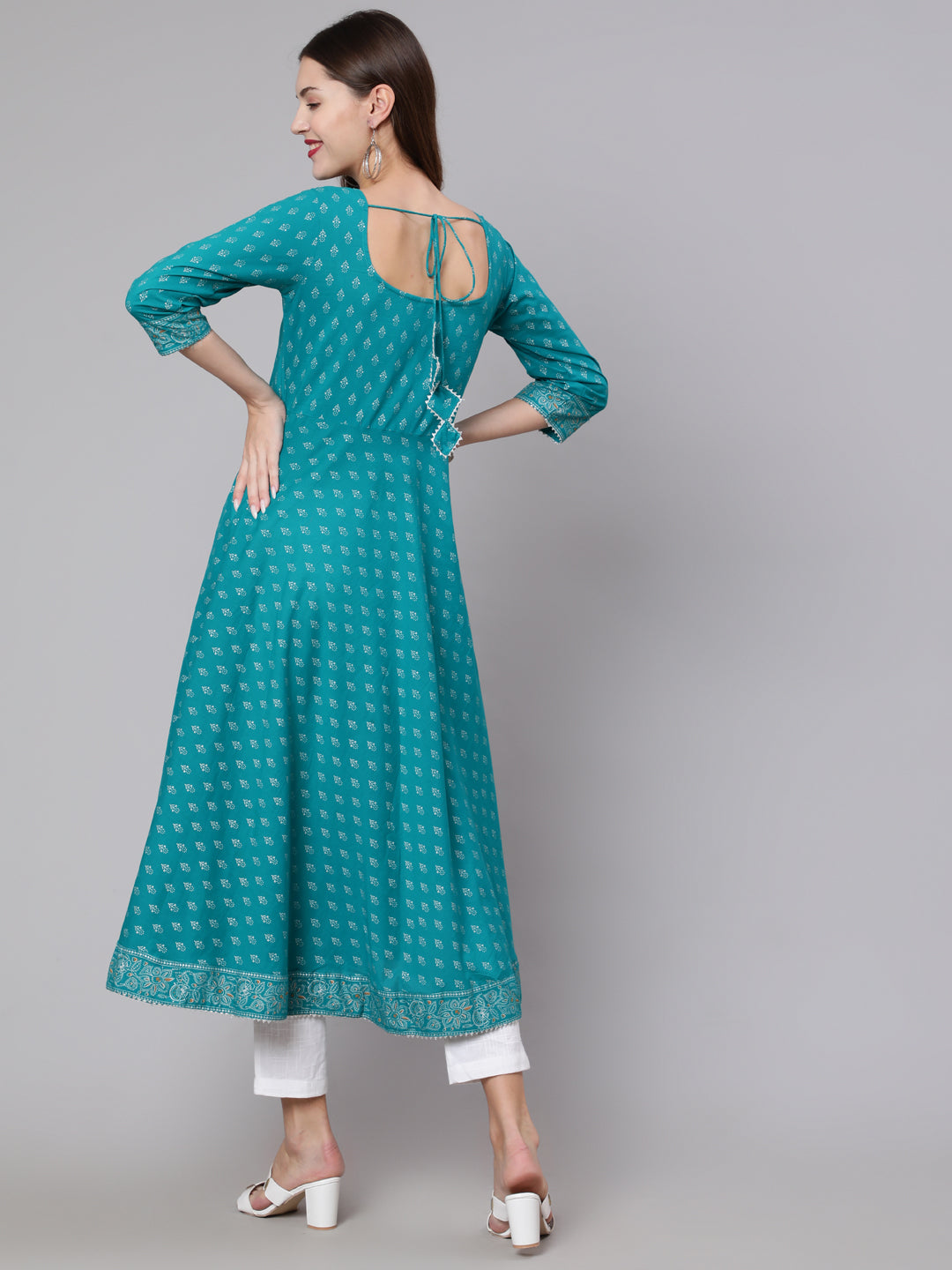 Women's Green Ethnic Printed Dress With Three Quarter Sleeves - Nayo Clothing