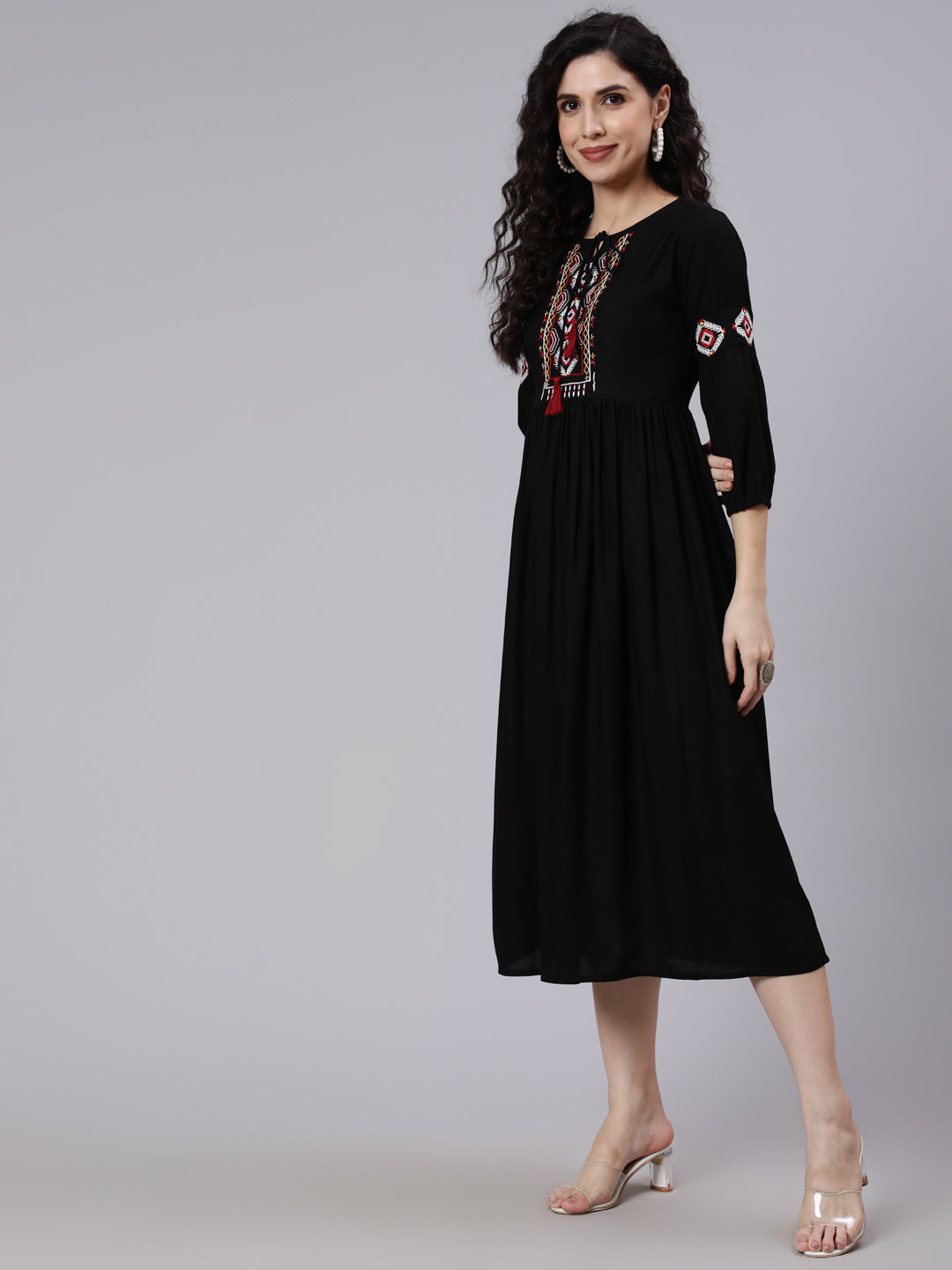 Women's Black Solid Embroidered Yoke Design Dress - Nayo Clothing