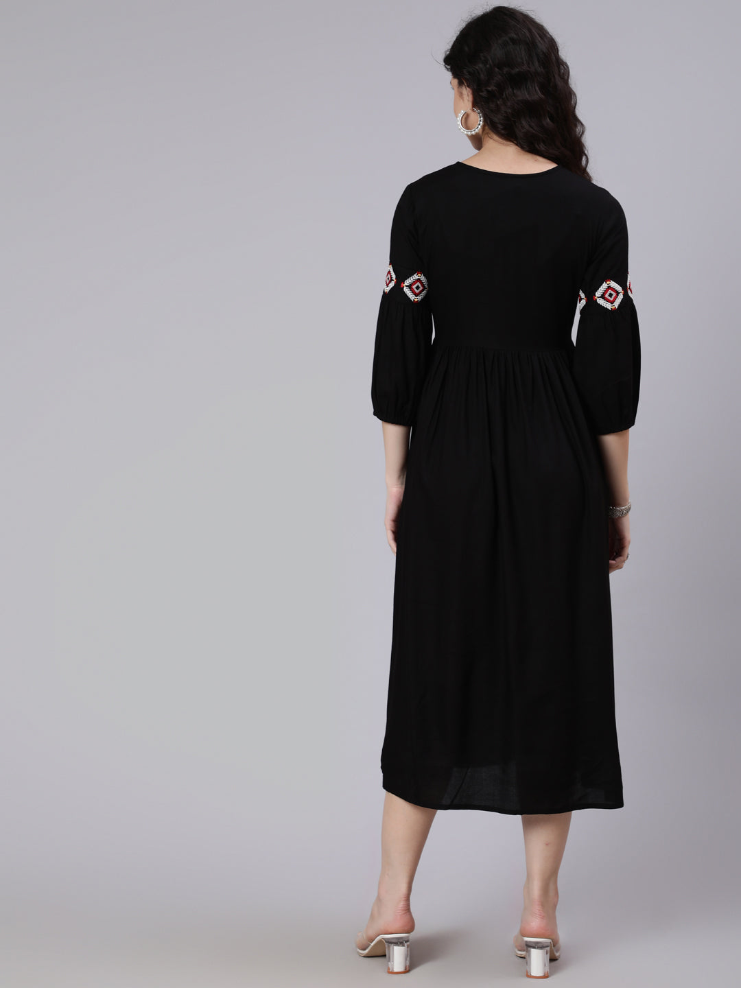 Women's Black Solid Embroidered Yoke Design Dress - Nayo Clothing