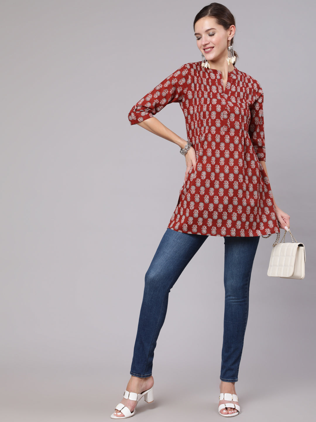 Women's Maroon Ethnic Printed Straight Tunic With Three Quarter Sleeves - Nayo Clothing
