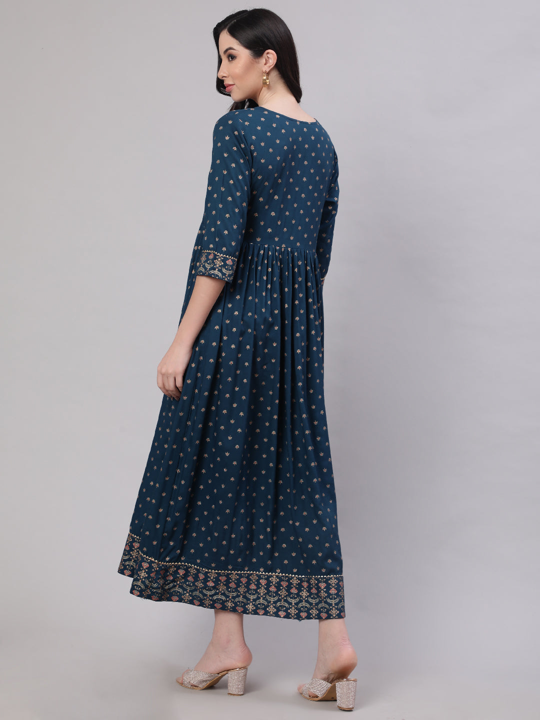 Women's Wome Teal Blue Ethinc Printed Flared Dress With Three Quarter sleeves - Nayo Clothing