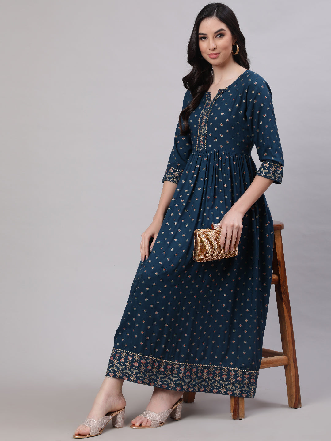 Women's Wome Teal Blue Ethinc Printed Flared Dress With Three Quarter sleeves - Nayo Clothing