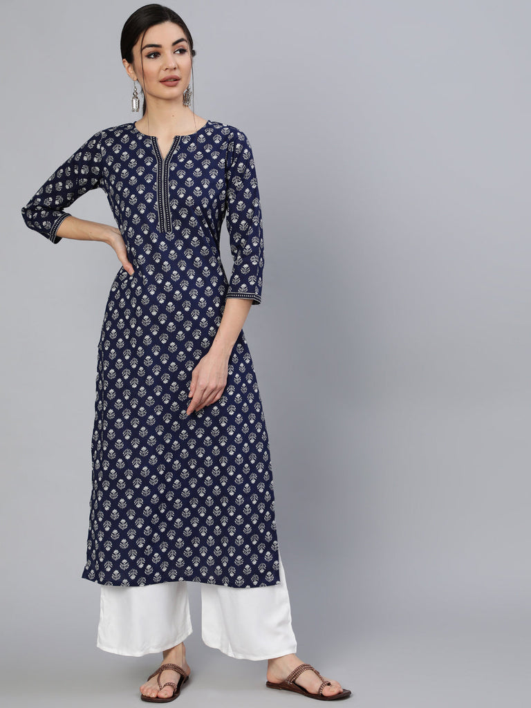 Women's Navy Blue & White Ethnic Motifs Printed Thread Work Cotton Kurta