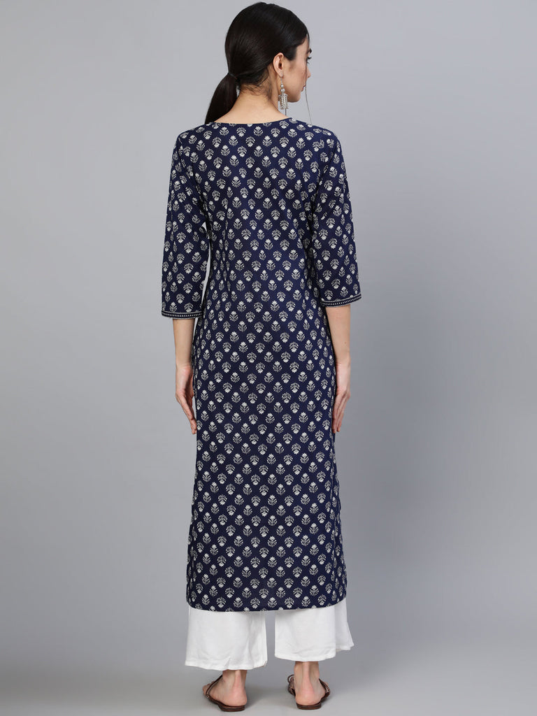 Women's Navy Blue & White Ethnic Motifs Printed Thread Work Cotton Kurta