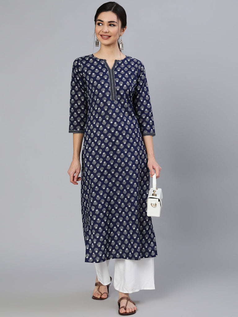 Women's Navy Blue & White Ethnic Motifs Printed Thread Work Cotton Kurta