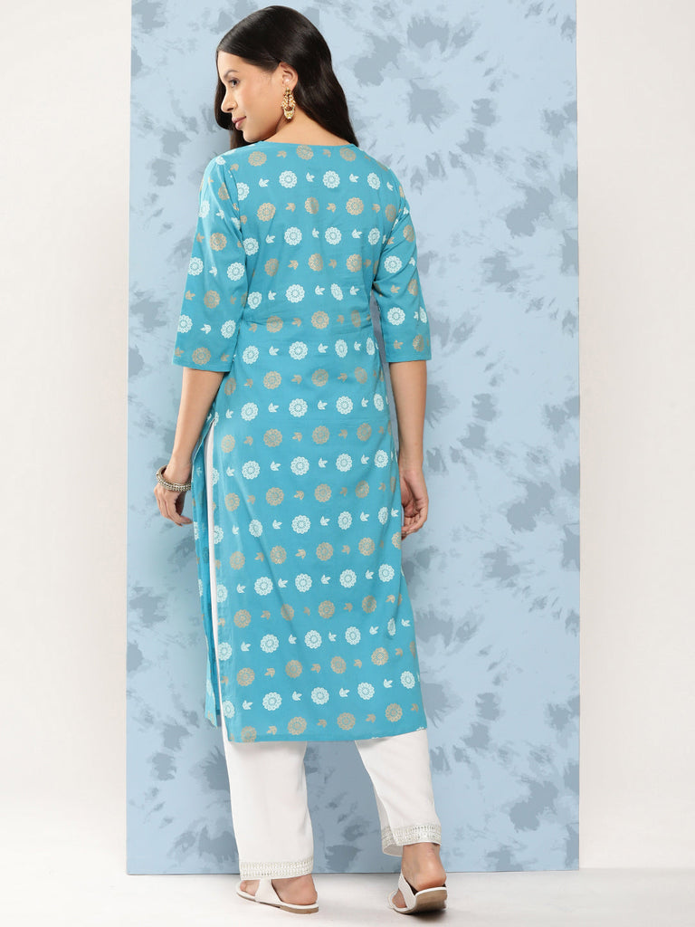 Women's Blue Ethnic Printed Straight Kurta with Three Quarter Sleeves