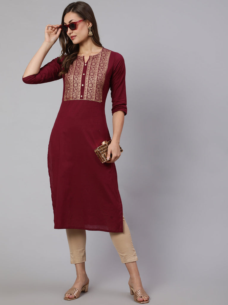 Women's Burgundy Straight Kurta With Three Quarter Sleeves