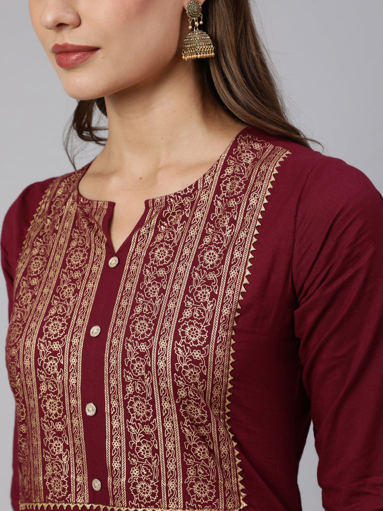 Women's Burgundy Straight Kurta With Three Quarter Sleeves