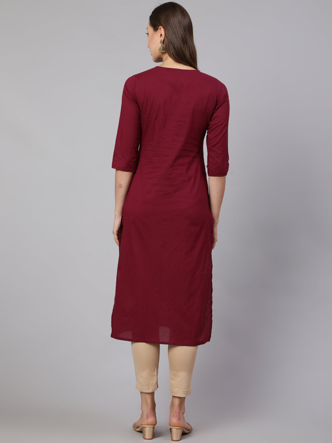 Women's Burgundy Straight Kurta With Three Quarter Sleeves - Nayo Clothing