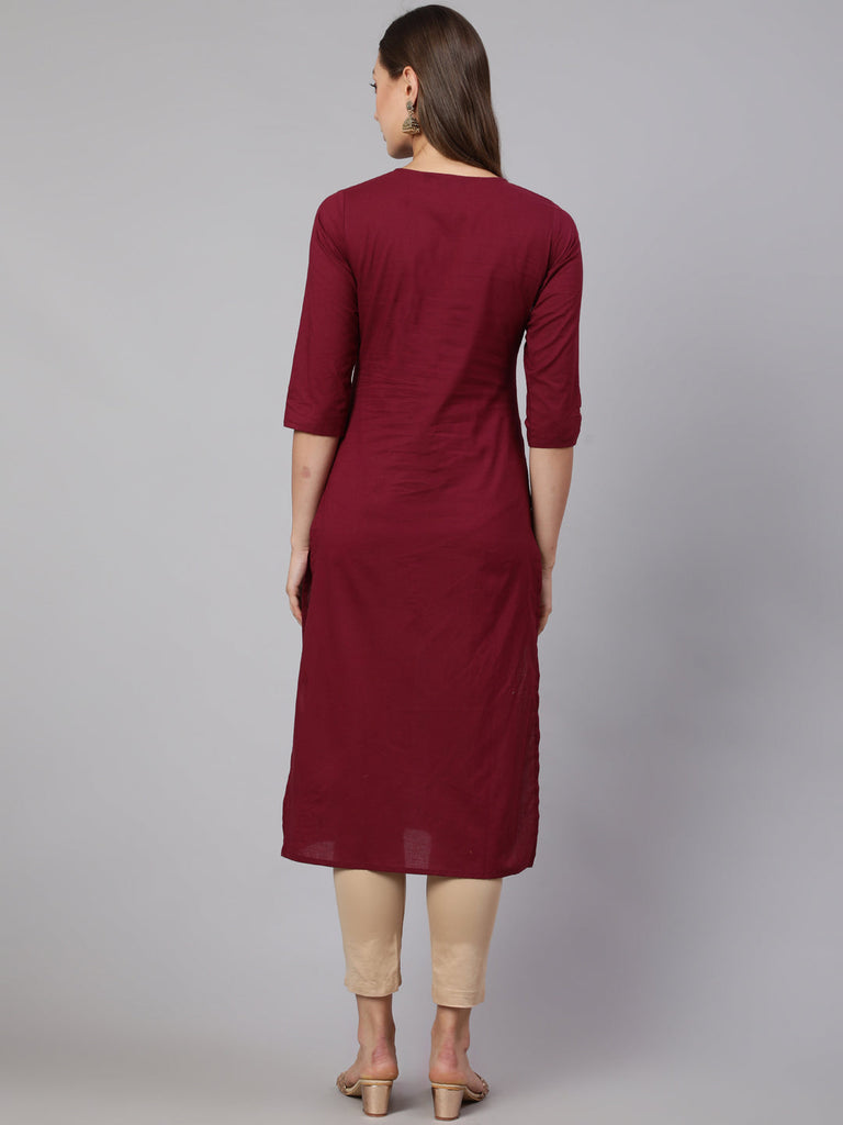 Women's Burgundy Straight Kurta With Three Quarter Sleeves