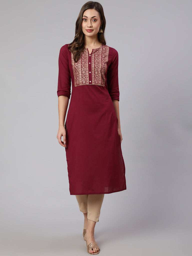 Women's Burgundy Straight Kurta With Three Quarter Sleeves