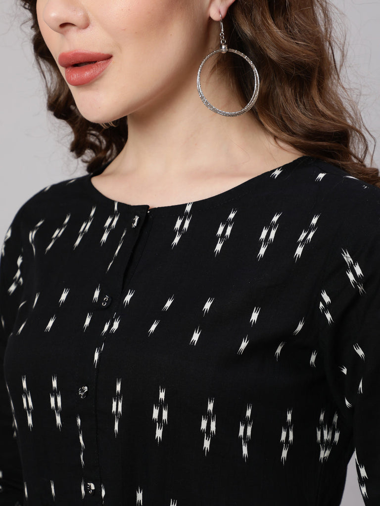 Women's Black Ikat Printed Flared Dress With Three Quarter sleeves