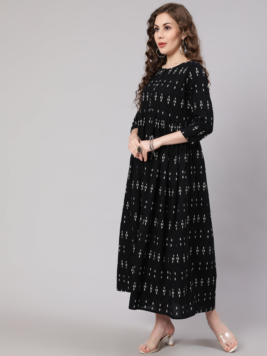 Women's Black Ikat Printed Flared Dress With Three Quarter sleeves - Nayo Clothing