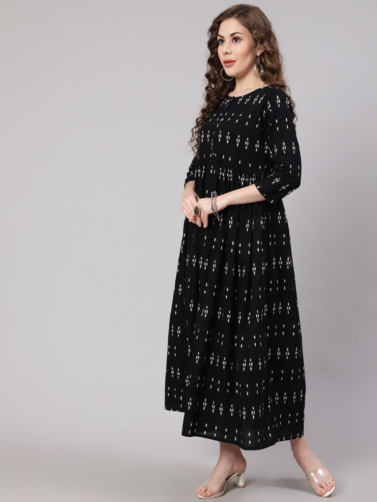 Women's Black Ikat Printed Flared Dress With Three Quarter sleeves