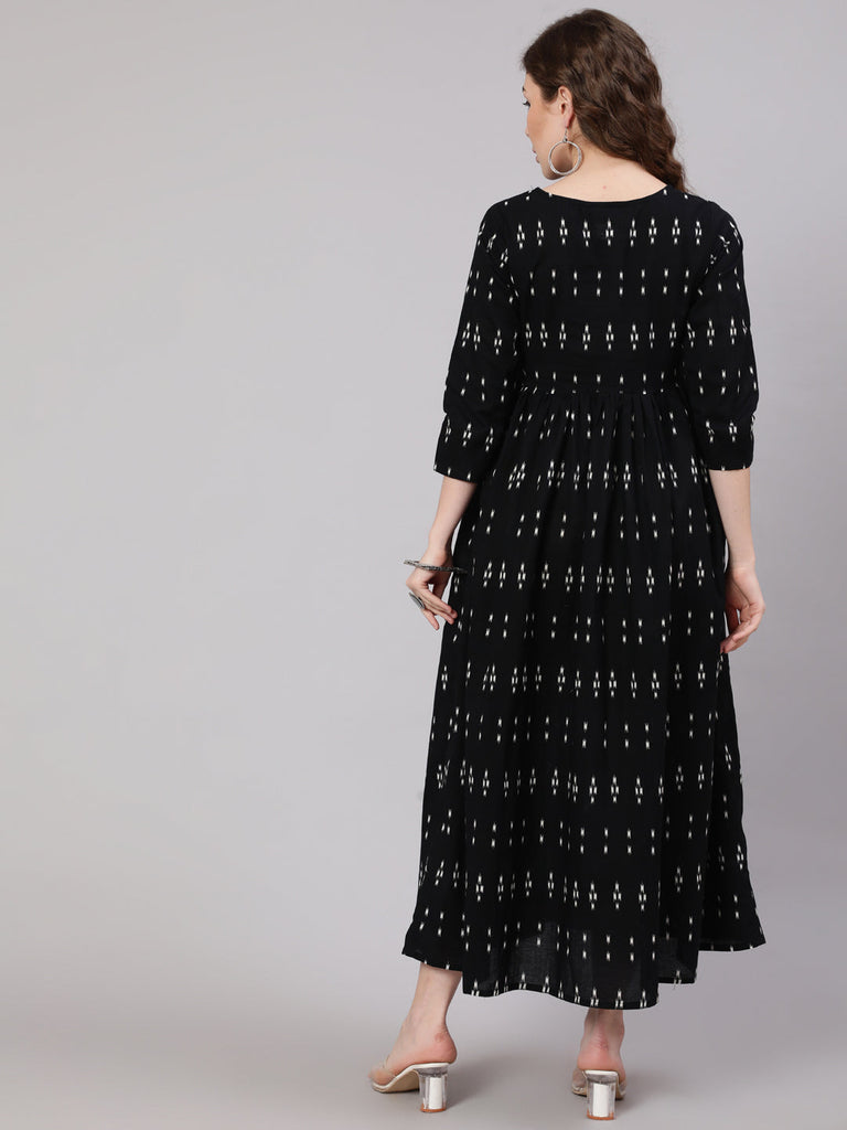 Women's Black Ikat Printed Flared Dress With Three Quarter sleeves