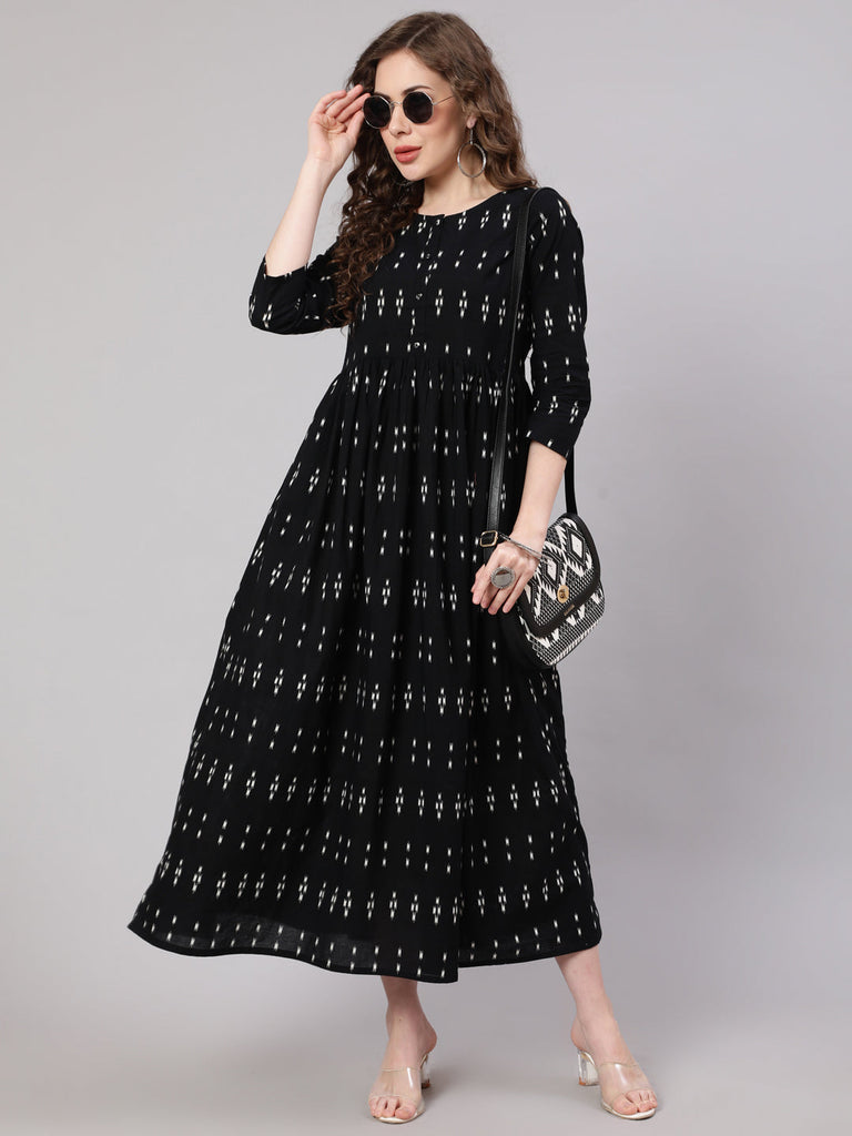 Women's Black Ikat Printed Flared Dress With Three Quarter sleeves