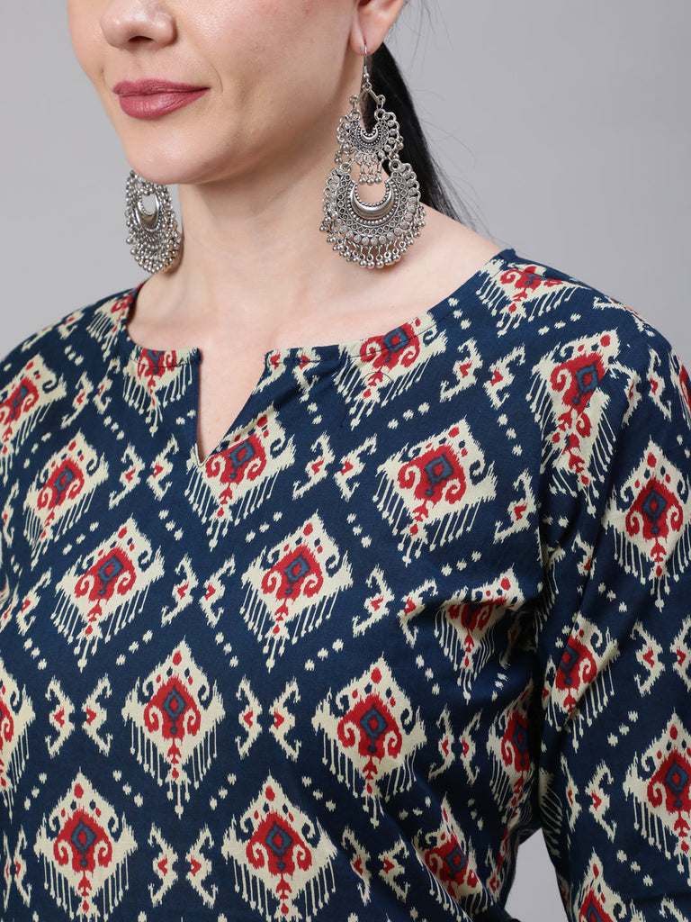 Women's Blue Ethnic Printed Straight Kurta With Three Quarter Sleeves