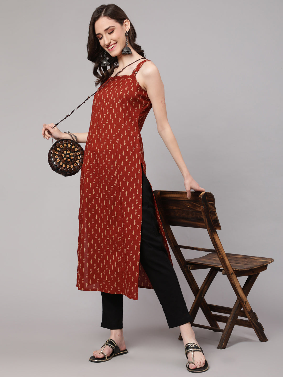Women's Rust Ikat Printed Straight Kurta With Shoulder Straps - Nayo Clothing