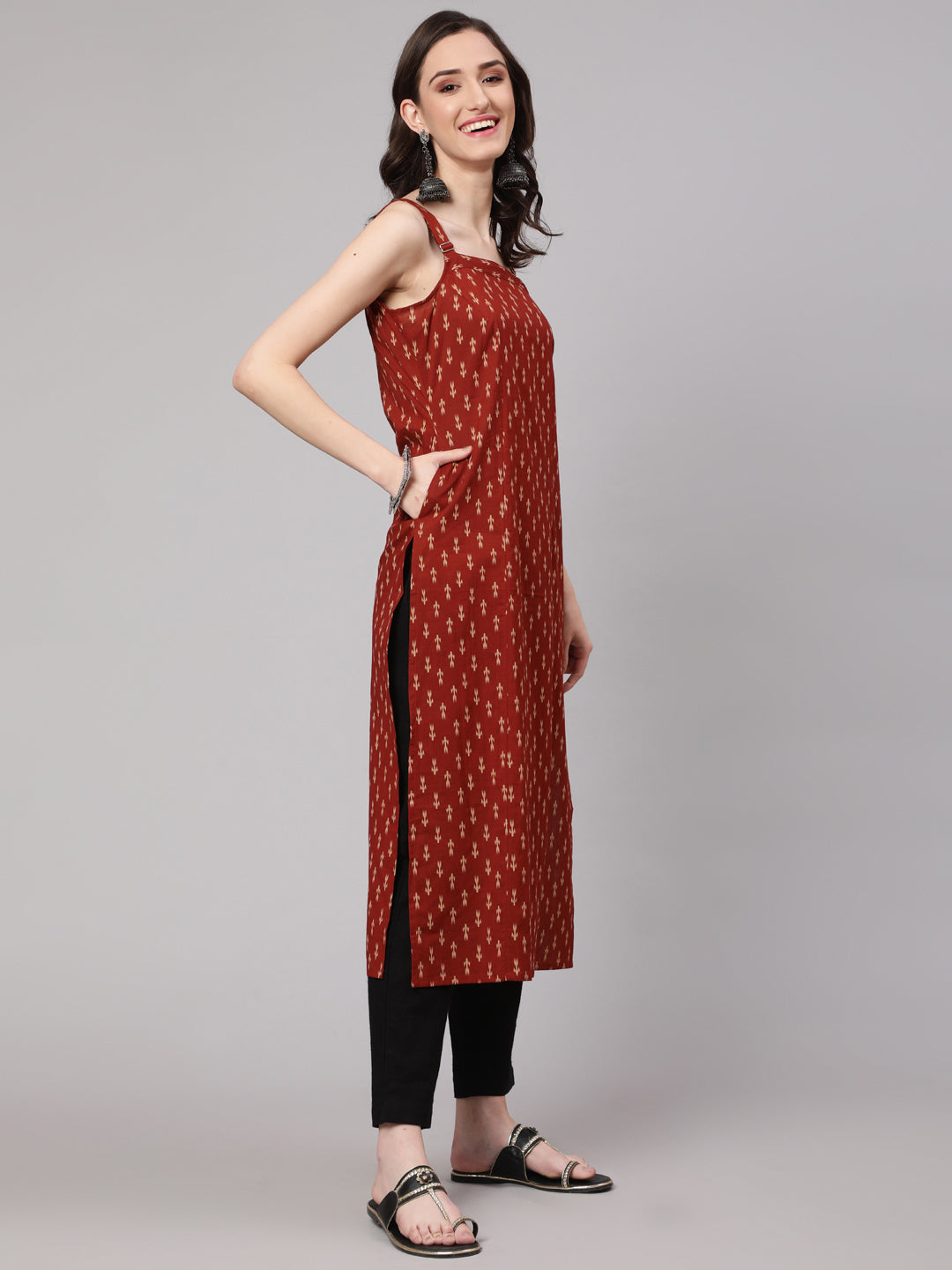 Women's Rust Ikat Printed Straight Kurta With Shoulder Straps - Nayo Clothing