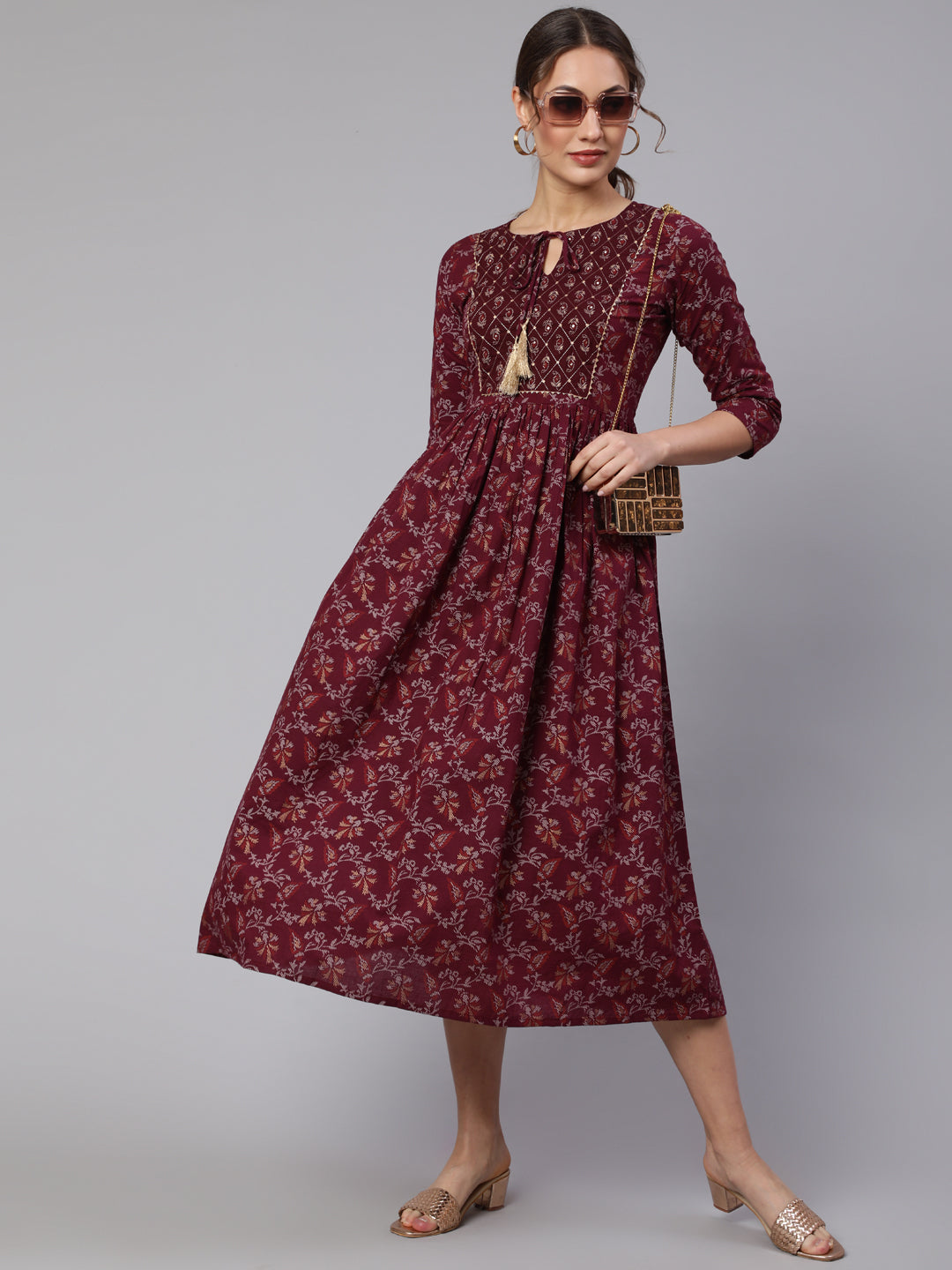 Women's Wome Burgundy Printed Flared Dress With Three quarter Sleeves - Nayo Clothing