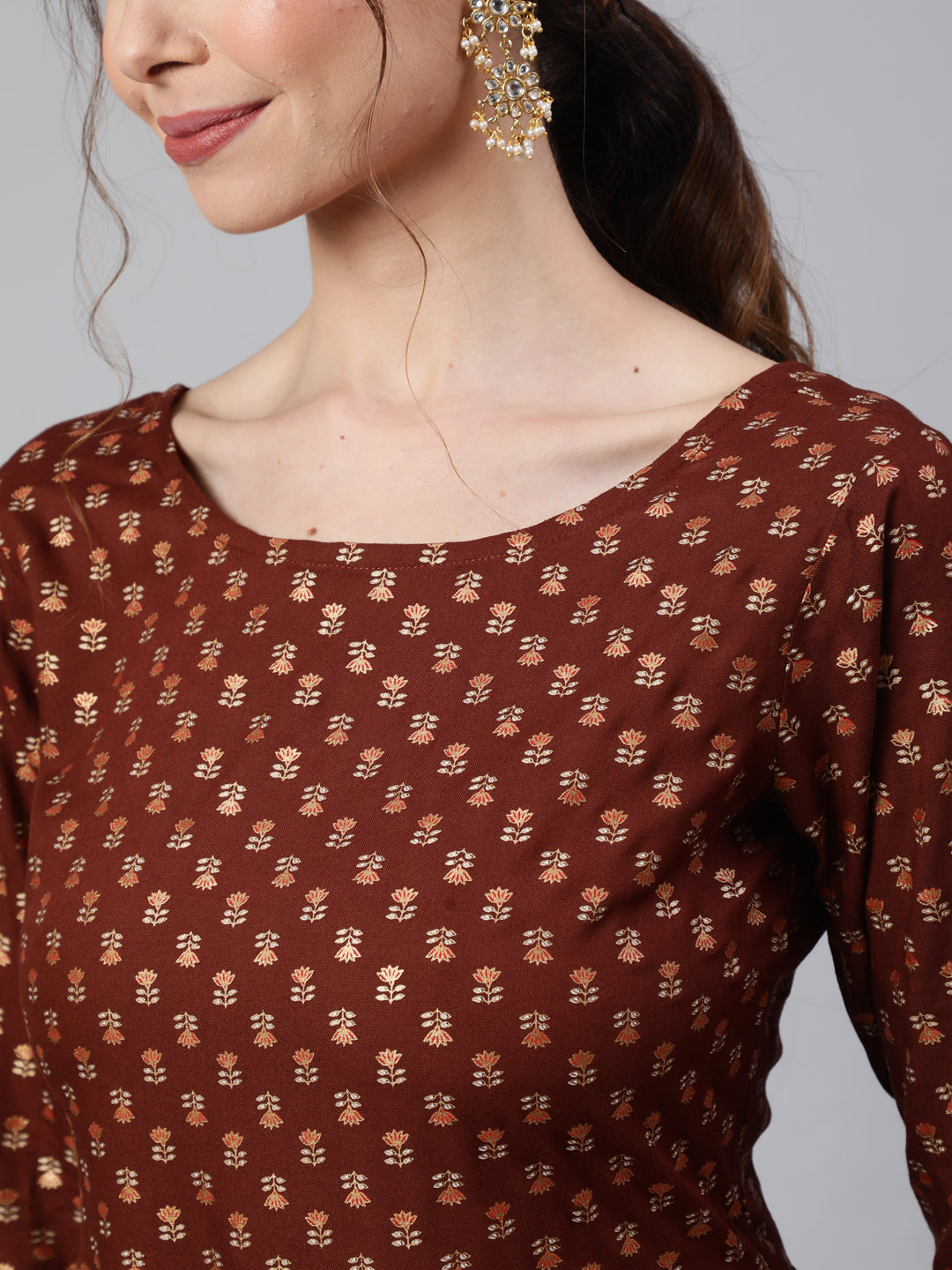 Women's Wome Brown Printed Flared Dress With Three quarter Sleeves - Nayo Clothing