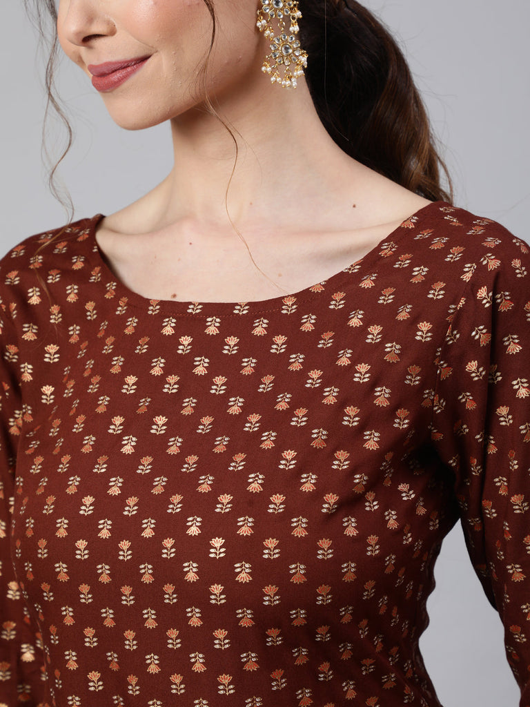 Women's Wome Brown Printed Flared Dress With Three quarter Sleeves