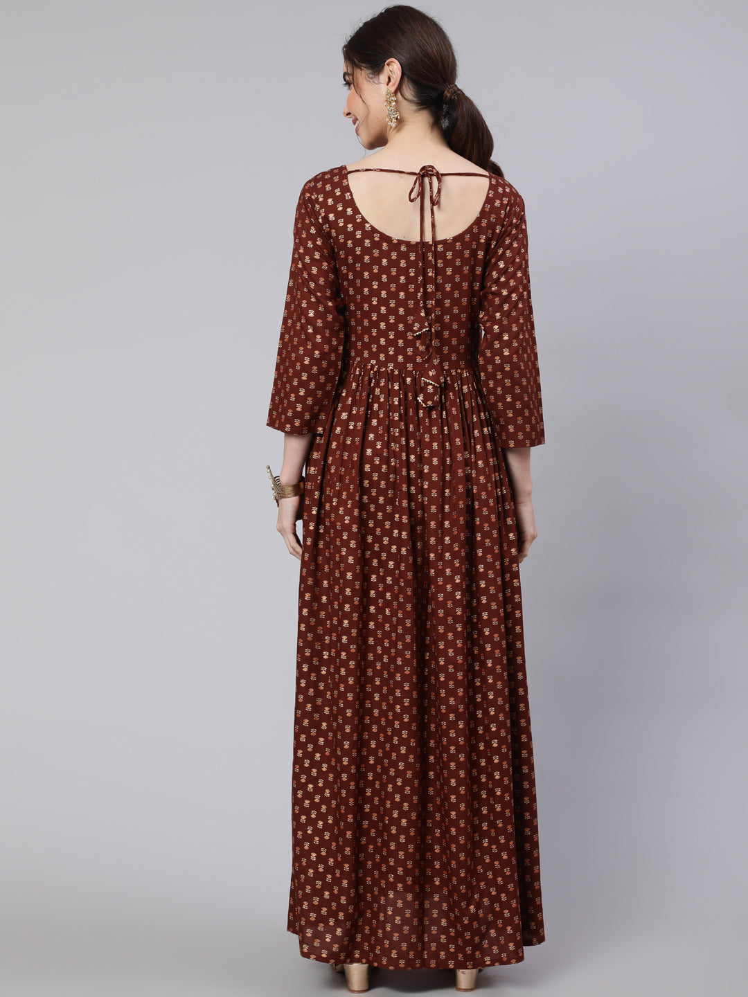 Women's Wome Brown Printed Flared Dress With Three quarter Sleeves - Nayo Clothing