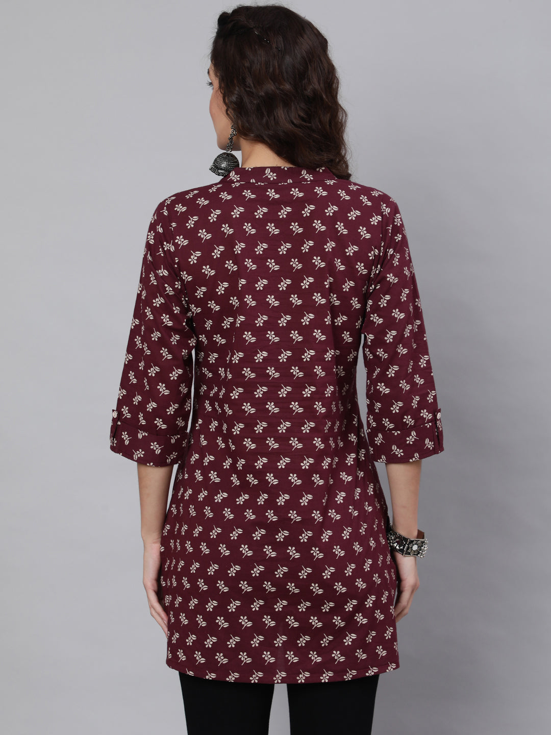 Women's Burgundy Printed Straight Tunic With Three Quaretr Sleeves - Nayo Clothing