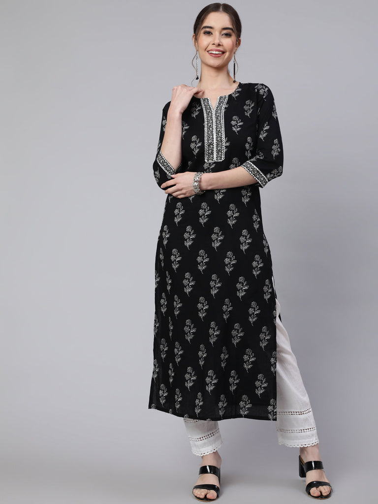Women's Black Printed straight kurta with three quarter sleeves