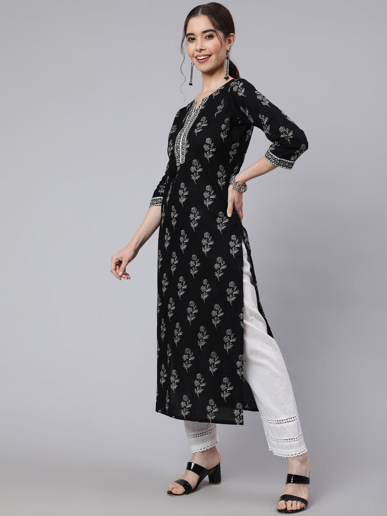 Women's Black Printed straight kurta with three quarter sleeves