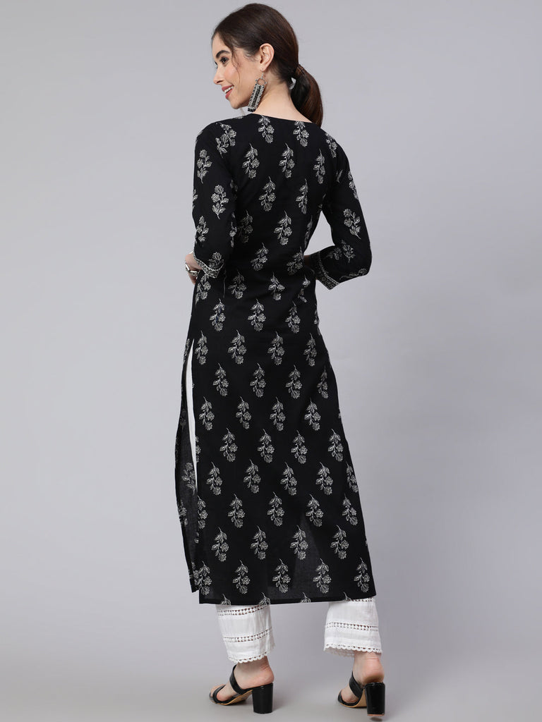 Women's Black Printed straight kurta with three quarter sleeves