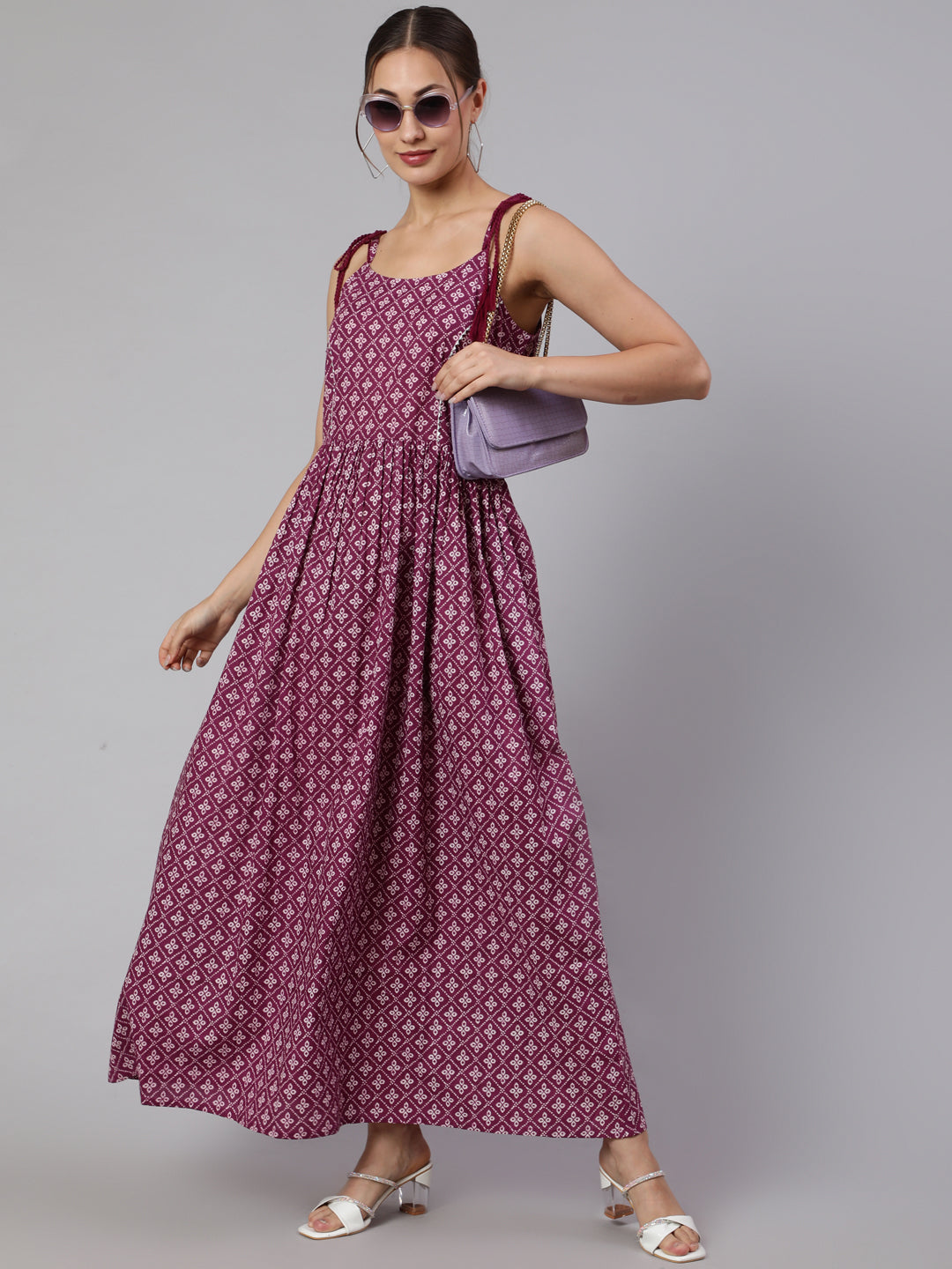 Women's Wome Purple Printed Flared Sleeveless Dress - Nayo Clothing