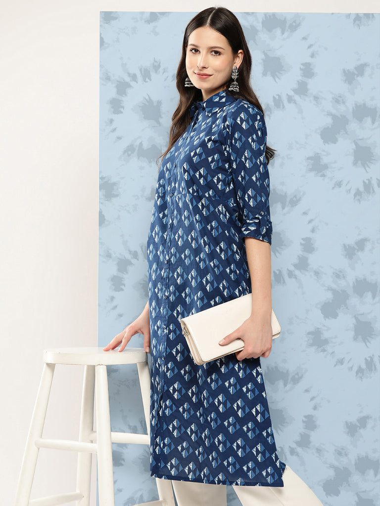 Women's Blue Geometric Printed Straight Kurta With Three Quarter Sleeves
