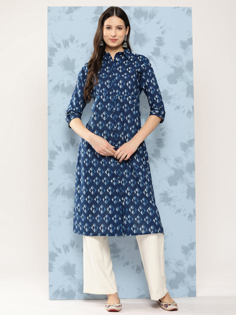 Women's Blue Geometric Printed Straight Kurta With Three Quarter Sleeves