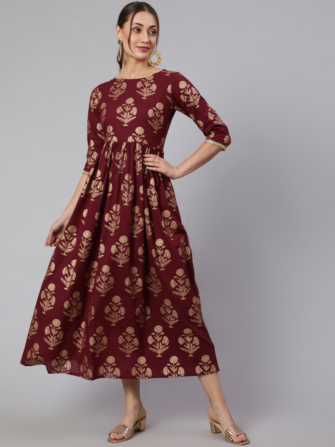 Women's Wome Burgundy Printed Flared Dress With Three quarter Sleeves - Nayo Clothing