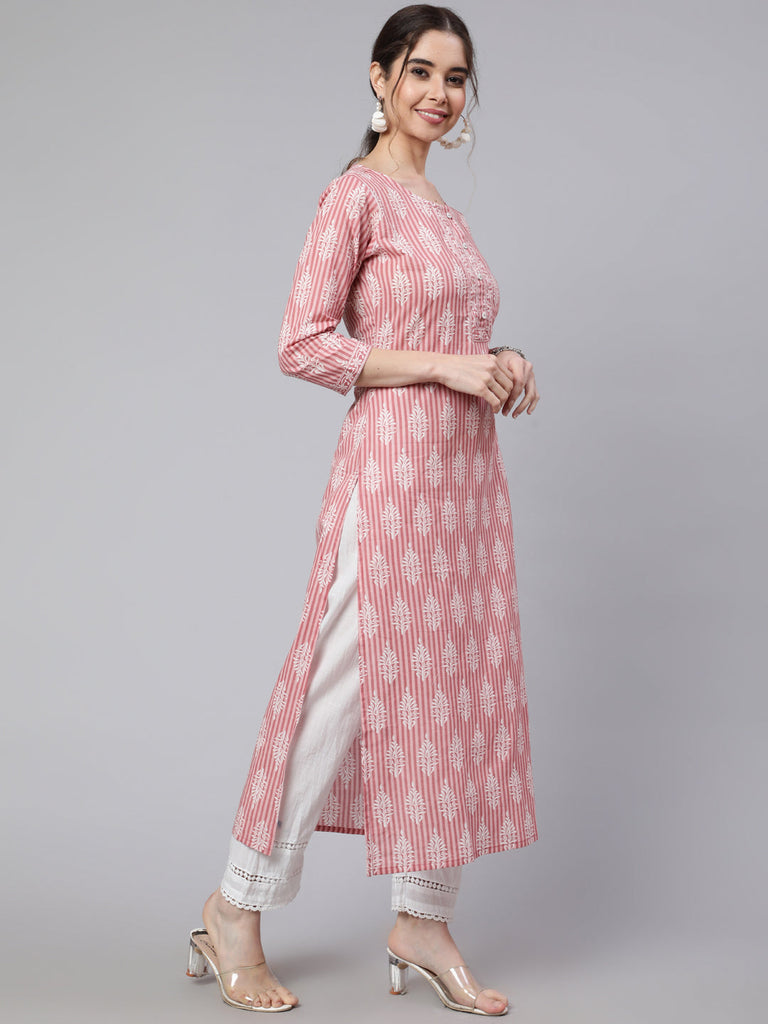 Women's Pink Printed straight kurta with three quarter sleeves