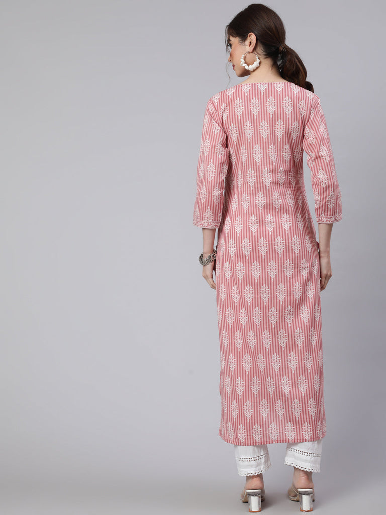 Women's Pink Printed straight kurta with three quarter sleeves