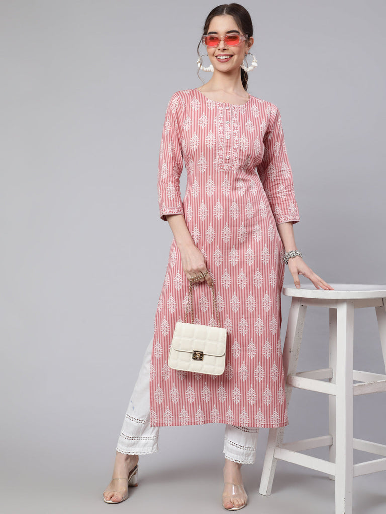 Women's Pink Printed straight kurta with three quarter sleeves