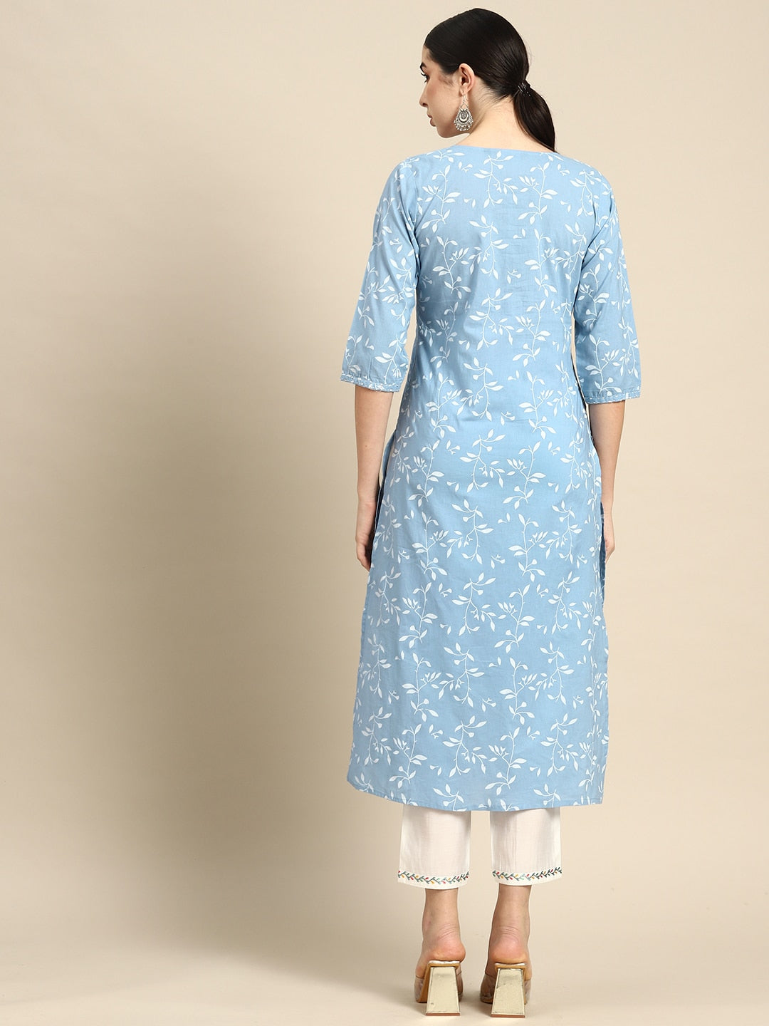 Women's Wome Blue Printed Flared Kurta With Three quarter Sleeves - Nayo Clothing