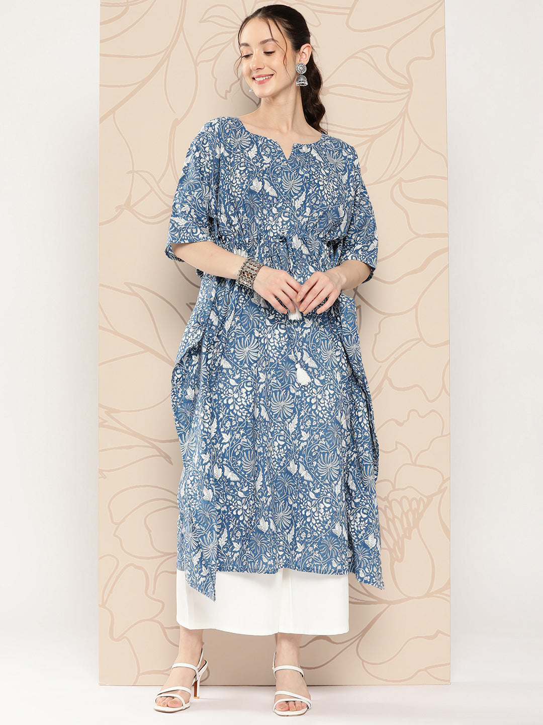 Women's Blue Ethnic Printed Kaftan - Nayo Clothing