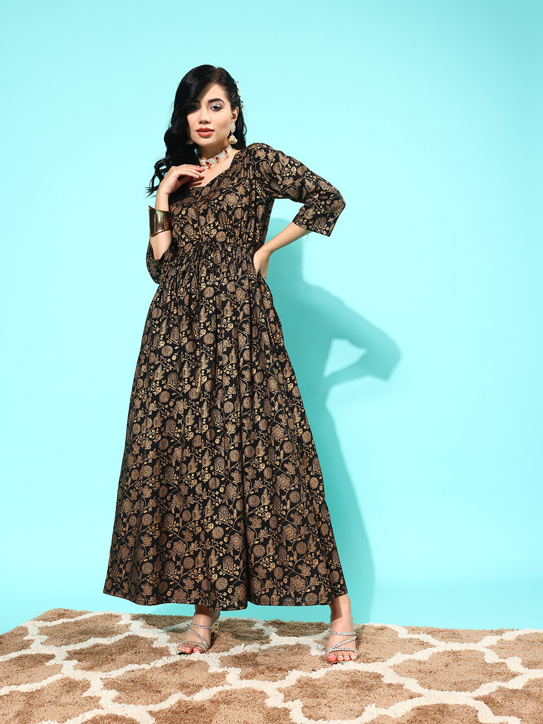 Women's Wome Black Floral Printed Flared Dress With Three quarter Sleeves - Nayo Clothing