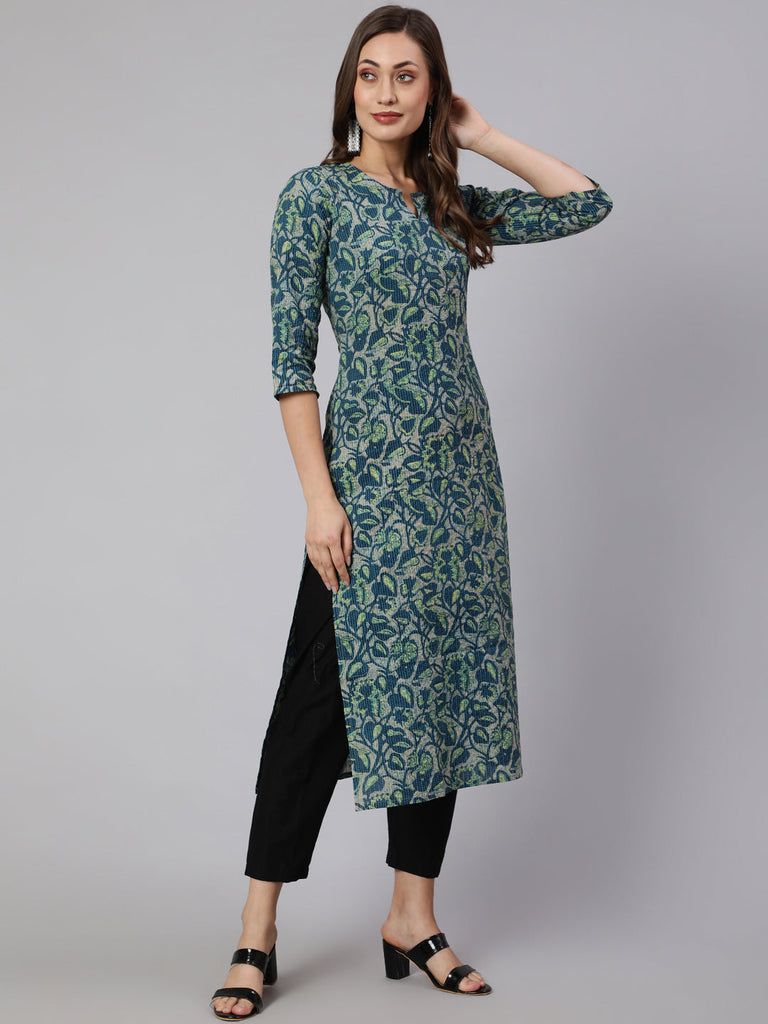 Women's Teal Green Ethnic Printed Straight Kurta With Three Quarter Sleeves