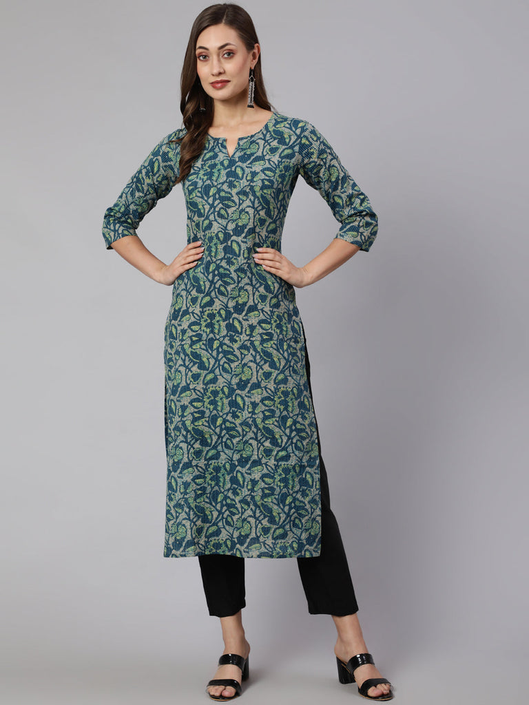 Women's Teal Green Ethnic Printed Straight Kurta With Three Quarter Sleeves
