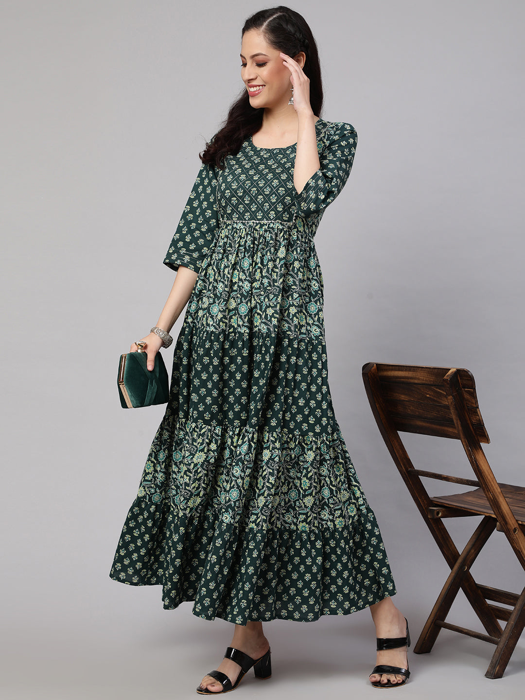 Women's Wome Green Printed Gathered Dress With Gotta Patti & Zari Work - Nayo Clothing